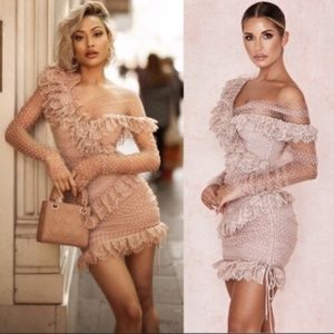 House Of CB Women's US S Sorrel Blush Lace Frill Mini Dress Off the Shoulder NW